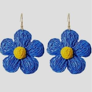 3" Blue Raffia Flowers Oversized Statement Earrings Big Bold Wicker Flowers New